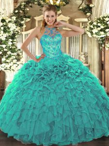 Stylish Floor Length Turquoise Sweet 16 Dresses Organza Sleeveless Beading and Embroidery and Ruffles