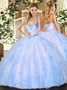 Light Blue Ball Gowns Beading and Ruffles 15th Birthday Dress Lace Up Organza Sleeveless Floor Length