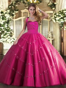 Graceful Hot Pink Lace Up Halter Top Appliques Sweet 16 Quinceanera Dress Tulle Sleeveless