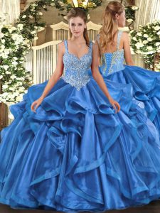 Modern Organza Sleeveless Floor Length Quince Ball Gowns and Beading and Ruffles