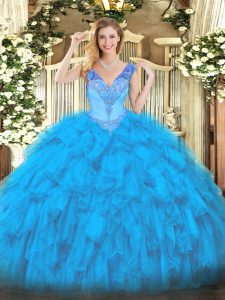 Glorious Beading and Ruffles Quinceanera Gowns Baby Blue Lace Up Sleeveless Floor Length