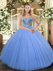 Baby Blue Tulle Lace Up Sweet 16 Dress Sleeveless Floor Length Beading