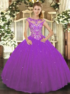 Popular Tulle Scoop Sleeveless Lace Up Beading and Appliques 15th Birthday Dress in Eggplant Purple