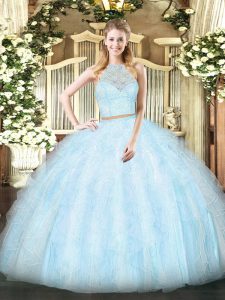 Sleeveless Floor Length Lace and Ruffles Zipper Ball Gown Prom Dress with Light Blue
