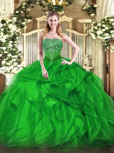 Beautiful Green Ball Gowns Organza Strapless Sleeveless Beading and Ruffles Floor Length Lace Up Quinceanera Dress