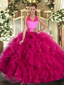 Fuchsia Halter Top Lace Up Ruffles Ball Gown Prom Dress Sleeveless