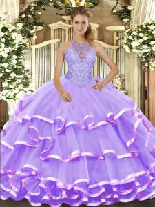 Fantastic Lavender Quinceanera Dresses Military Ball and Sweet 16 and Quinceanera with Beading and Ruffled Layers Halter
