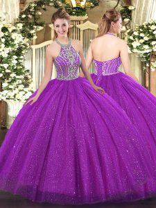 Fuchsia Ball Gowns Tulle Halter Top Sleeveless Beading Floor Length Lace Up Sweet 16 Dresses