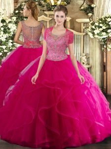 Eye-catching Sleeveless Tulle Floor Length Clasp Handle Ball Gown Prom Dress in Hot Pink with Beading and Ruffled Layers