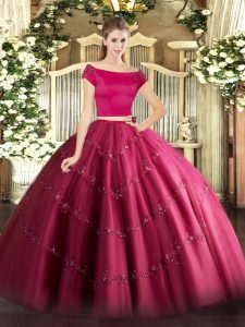 Floor Length Zipper Quinceanera Dresses Hot Pink for Military Ball and Sweet 16 and Quinceanera with Appliques