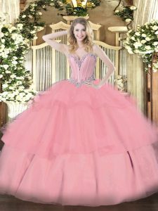 Affordable Sleeveless Lace Up Floor Length Beading and Ruffled Layers Quinceanera Dress