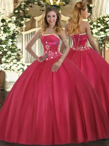 Red Ball Gowns Strapless Sleeveless Tulle Floor Length Lace Up Beading Quinceanera Gowns
