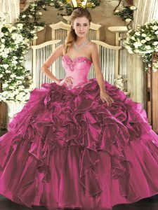 Luxury Fuchsia Ball Gowns Beading and Ruffles Sweet 16 Dress Lace Up Organza Sleeveless Floor Length