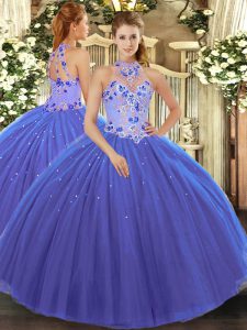Flirting Halter Top Sleeveless Tulle Ball Gown Prom Dress Embroidery Lace Up