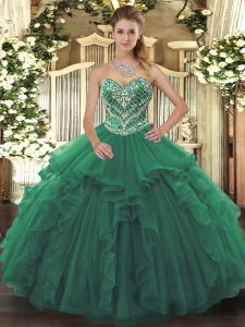 Sleeveless Tulle Floor Length Lace Up Quinceanera Gowns in Green with Beading and Ruffles