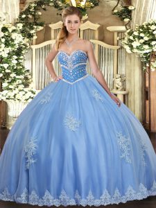 Blue Tulle Lace Up Vestidos de Quinceanera Sleeveless Floor Length Beading and Appliques