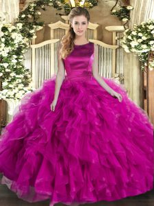 Simple Floor Length Ball Gowns Sleeveless Fuchsia 15th Birthday Dress Lace Up
