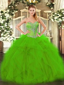 Floor Length Green Sweet 16 Dresses Organza Sleeveless Beading and Ruffles