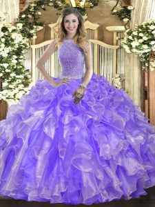 Extravagant Floor Length Lace Up Quinceanera Gown Lavender for Military Ball and Sweet 16 and Quinceanera with Beading a