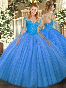 Baby Blue Ball Gowns Lace Sweet 16 Quinceanera Dress Lace Up Tulle Long Sleeves Floor Length