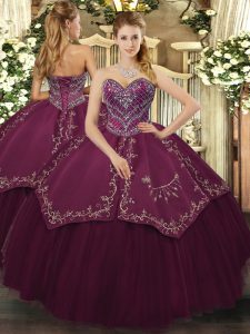 Glittering Sleeveless Floor Length Beading and Pattern Lace Up Quinceanera Dress with Burgundy