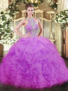Lilac Sleeveless Tulle Lace Up Quinceanera Dress for Military Ball and Sweet 16 and Quinceanera