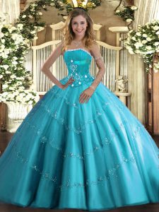 Wonderful Aqua Blue Lace Up 15 Quinceanera Dress Beading and Appliques and Ruffled Layers Sleeveless Floor Length