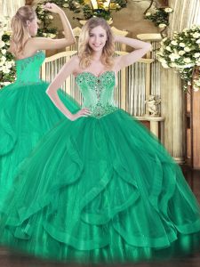 Turquoise Sweetheart Neckline Beading and Ruffles Quince Ball Gowns Sleeveless Lace Up