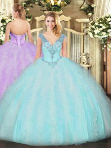 Great V-neck Sleeveless Organza Quinceanera Dress Ruffles Lace Up