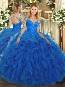 Eye-catching Blue Ball Gowns Scoop Long Sleeves Tulle Floor Length Lace Up Lace and Ruffles Quinceanera Dress