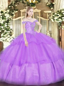 Floor Length Lace Up Quinceanera Gowns Lavender for Military Ball and Sweet 16 and Quinceanera with Beading and Ruffled 