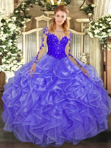 Spectacular Scoop Long Sleeves Lace Up Sweet 16 Dresses Lavender Organza