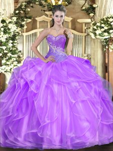 On Sale Lilac Sleeveless Organza Lace Up Quinceanera Dress for Military Ball and Sweet 16 and Quinceanera