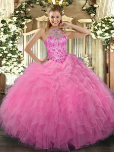Floor Length Rose Pink Quince Ball Gowns Organza Sleeveless Beading and Embroidery and Ruffles
