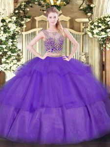 Top Selling Purple Lace Up Scoop Beading and Ruffled Layers Quince Ball Gowns Tulle Sleeveless