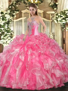 Custom Fit Rose Pink Organza Lace Up Sweetheart Sleeveless Floor Length 15th Birthday Dress Beading and Ruffles