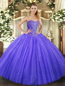 Sleeveless Floor Length Beading Lace Up Vestidos de Quinceanera with Blue