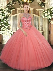 High End Halter Top Sleeveless Lace Up Ball Gown Prom Dress Watermelon Red Tulle