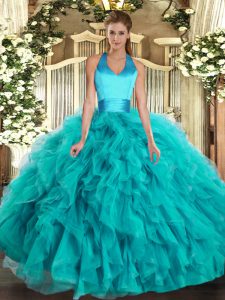 Sweet Floor Length Lace Up Quinceanera Dresses Turquoise for Military Ball and Sweet 16 and Quinceanera with Ruffles