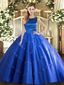 Latest Scoop Sleeveless Tulle Sweet 16 Quinceanera Dress Appliques Lace Up