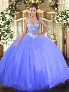 Vintage Ball Gowns Quinceanera Dress Blue Straps Tulle Sleeveless Floor Length Lace Up