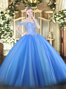 Pretty Off The Shoulder Sleeveless Tulle Ball Gown Prom Dress Beading Lace Up