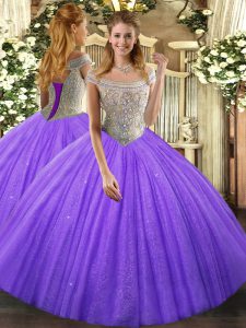 Super Lavender Ball Gowns Off The Shoulder Sleeveless Tulle Floor Length Lace Up Beading Ball Gown Prom Dress