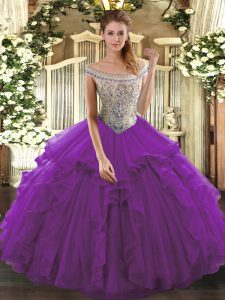 Eggplant Purple Quinceanera Dress Sweet 16 and Quinceanera with Beading and Ruffles Off The Shoulder Sleeveless Lace Up
