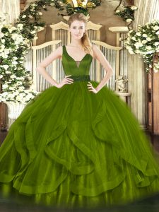 Sleeveless Floor Length Beading and Ruffles Zipper Sweet 16 Dress with Olive Green