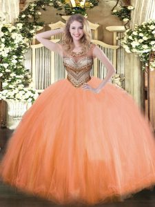 Floor Length Orange Red 15 Quinceanera Dress Scoop Sleeveless Lace Up