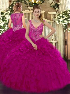 Floor Length Zipper 15 Quinceanera Dress Fuchsia for Military Ball and Sweet 16 and Quinceanera with Beading and Ruffles