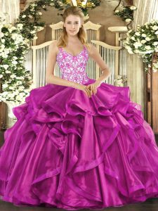 Dynamic Straps Sleeveless Lace Up Quinceanera Dresses Fuchsia Organza