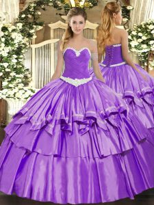 Sleeveless Organza and Taffeta Floor Length Lace Up Sweet 16 Quinceanera Dress in Lavender with Appliques and Ruffled La
