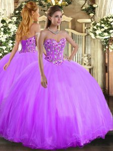 Lavender Organza and Tulle Lace Up 15th Birthday Dress Sleeveless Floor Length Embroidery